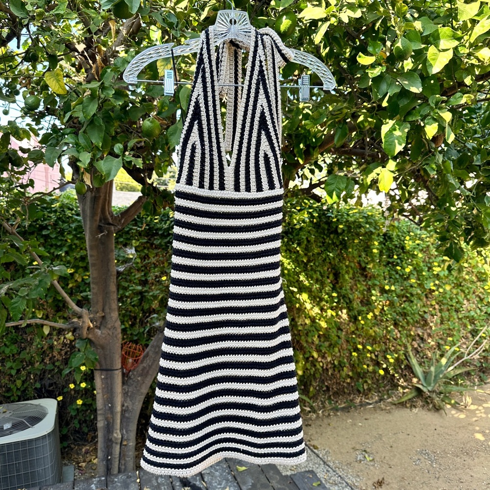 Lucy Paris crocheted black and cream halter dress